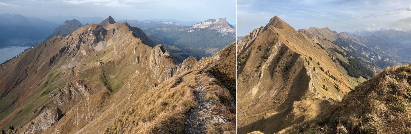 View from Brienzer Rothorn at the start of the hike and view from Gummhoren, just past the halfway mark.